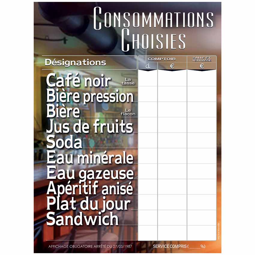 Tableau affichage tarif consommation H. 40 X L. 30 cm