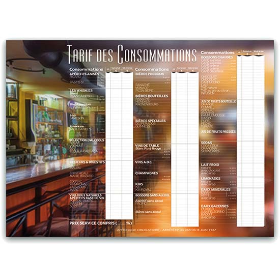 Tableau affichage tarif consommation H. 44 X L. 60 cm