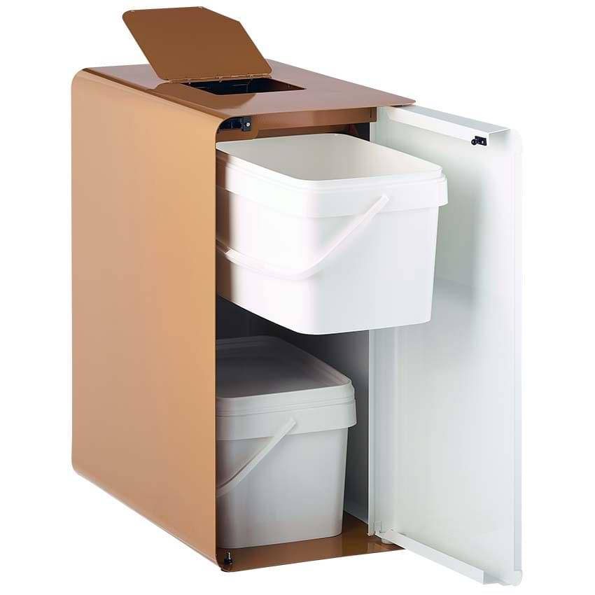 Borne de tri spéciale Biodéchets 2 X 20L - Marron RAL 8001 - Porte blanc RAL 9016