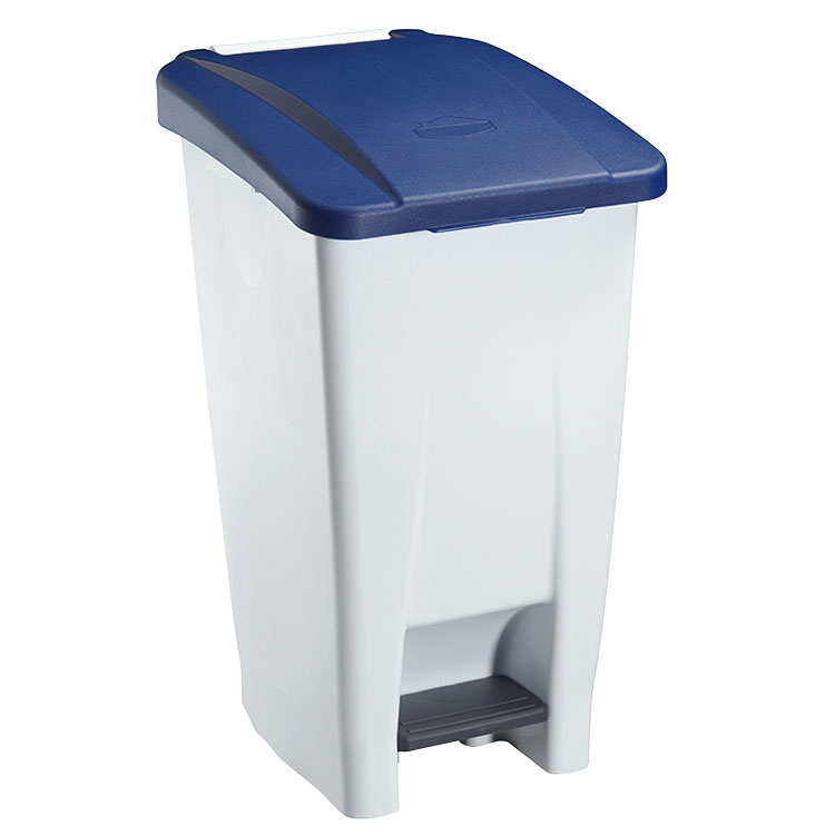 Collecteur mobile à pédale 60L - Blanc - Couvercle Bleu