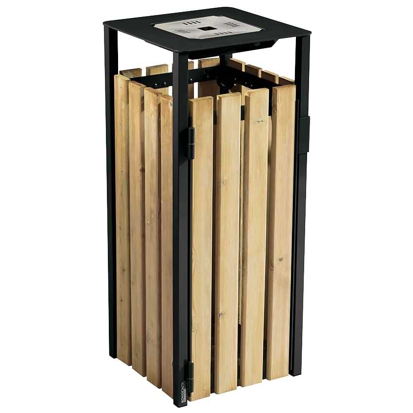 Corbeille acier et lattes bois 110L avec cendrier - Gris manganèse