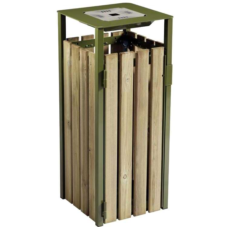 Corbeille acier et lattes bois 110L avec cendrier - Vert olive RAL 6003