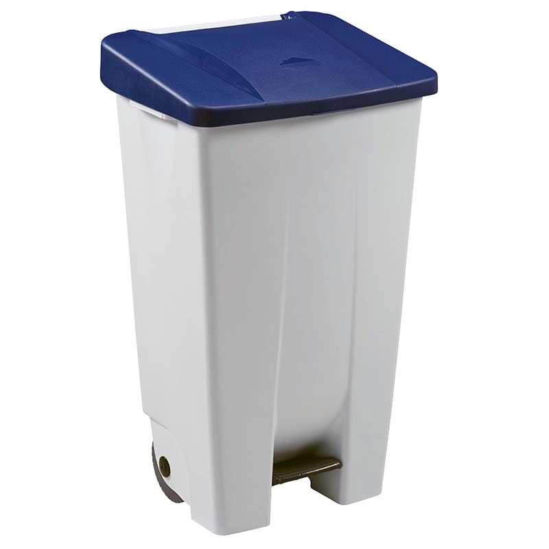 Collecteur mobile à pédale 120L - Blanc - Couvercle Bleu