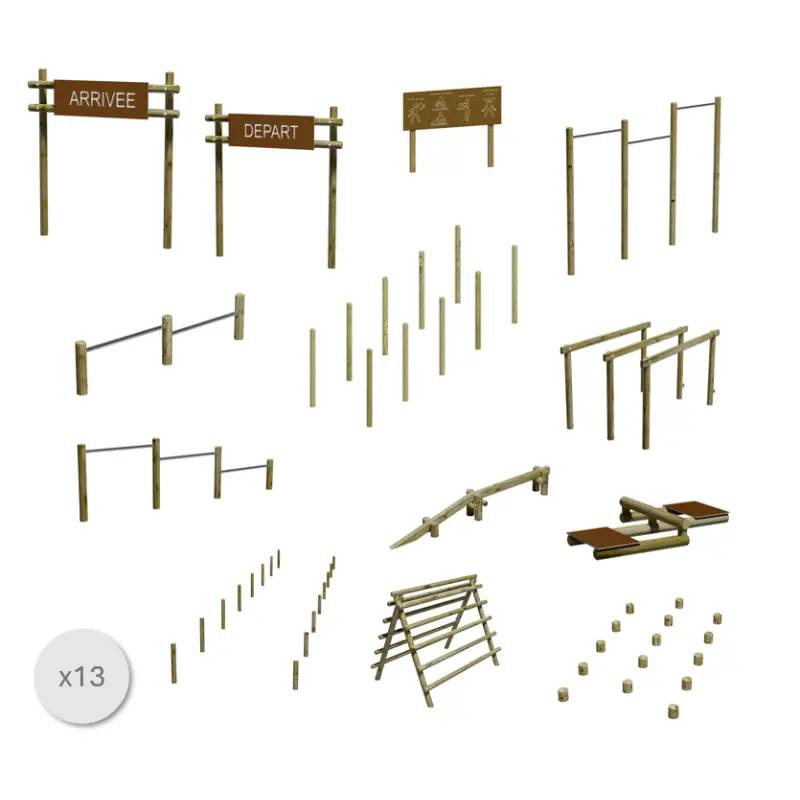 Parcours de santé bois - 13 éléments (10 agrès + 3 panneaux)