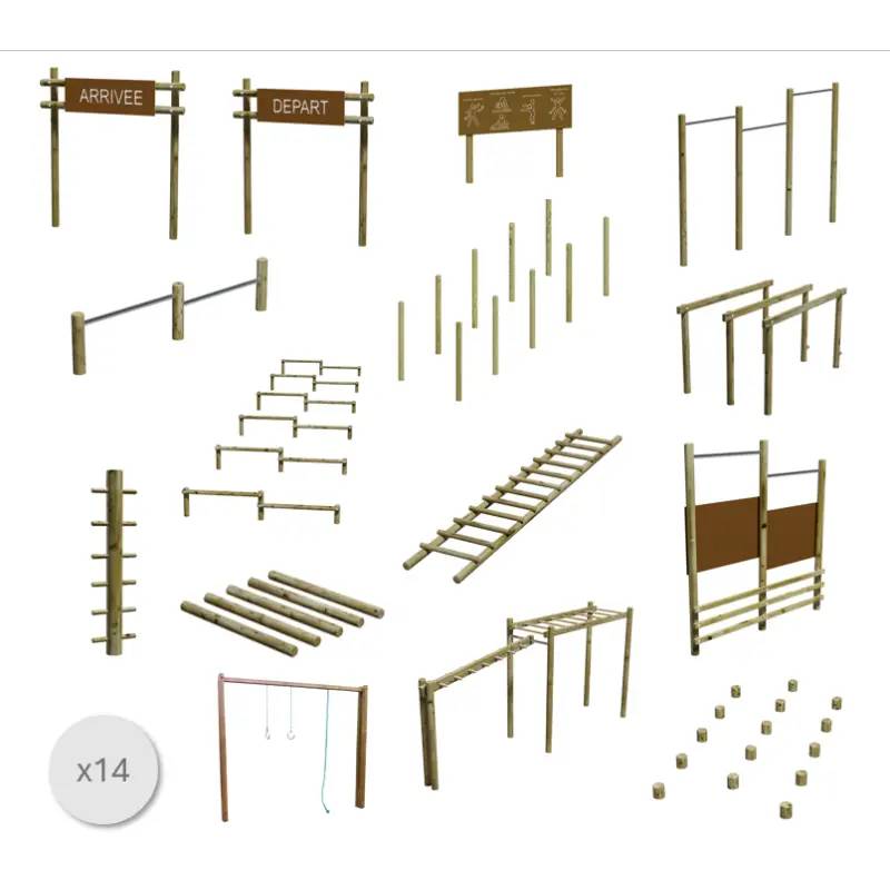 Parcours de santé bois - 14 éléments (11 agrès + 3 panneaux)