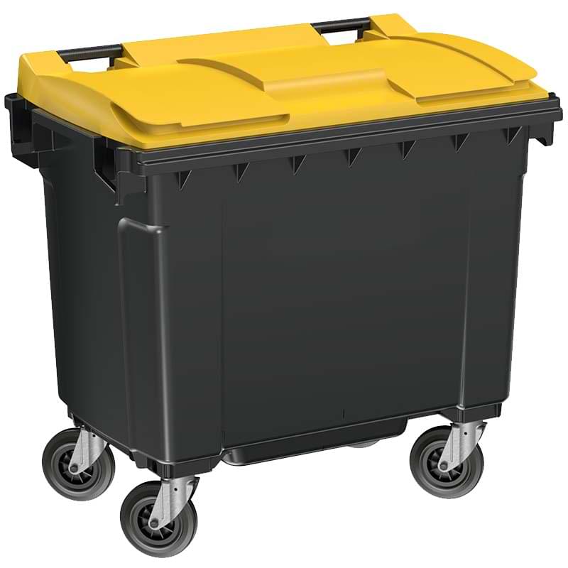 Conteneur à déchets 4 roues 660L - Cuve grise - Couvercle jaune