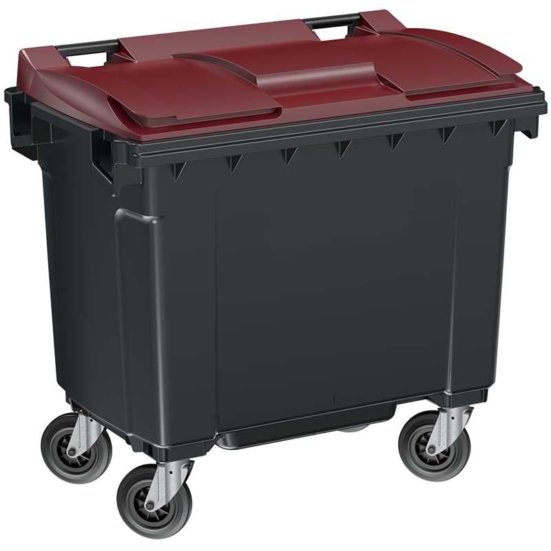 Conteneur à déchets 4 roues 660L - Cuve grise - Couvercle bordeaux