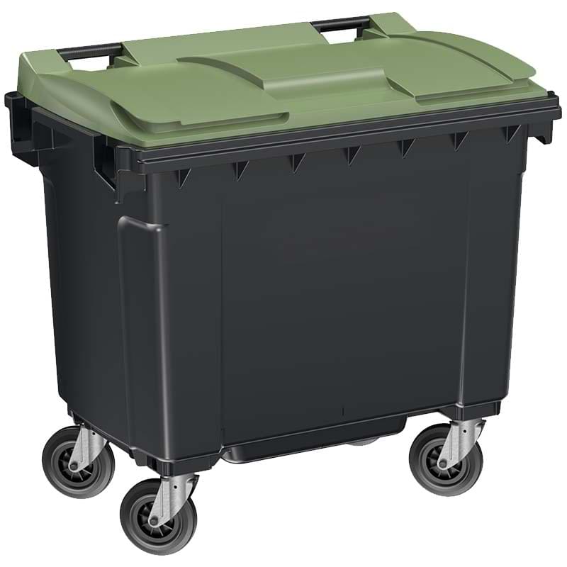Conteneur à déchets 4 roues 660L - Cuve grise - Couvercle vert