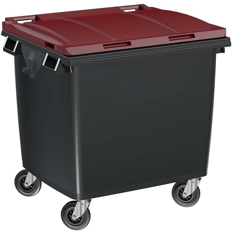 Conteneur à déchets 4 roues 1000L - Cuve grise - Couvercle bordeaux