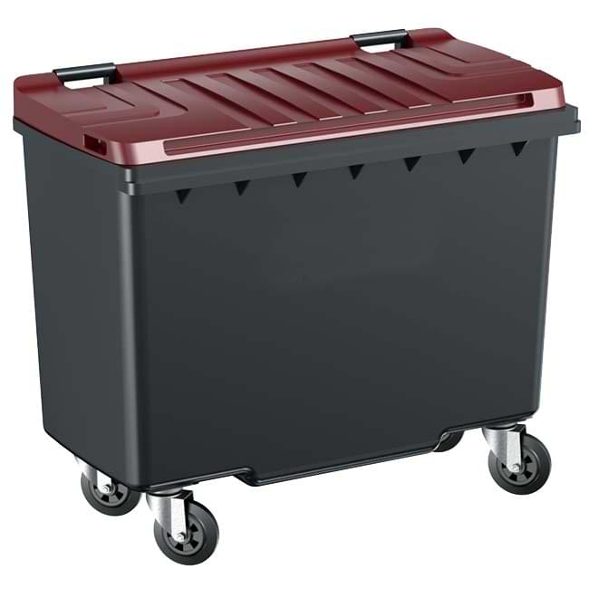 Conteneur à déchets 4 roues 500L - Cuve grise - Couvercle bordeaux