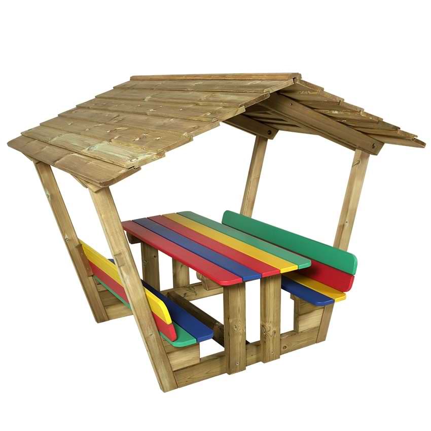 Table pique-nique enfant avec toit Maternelle L. 1200 mm - Assises et plateau couleur