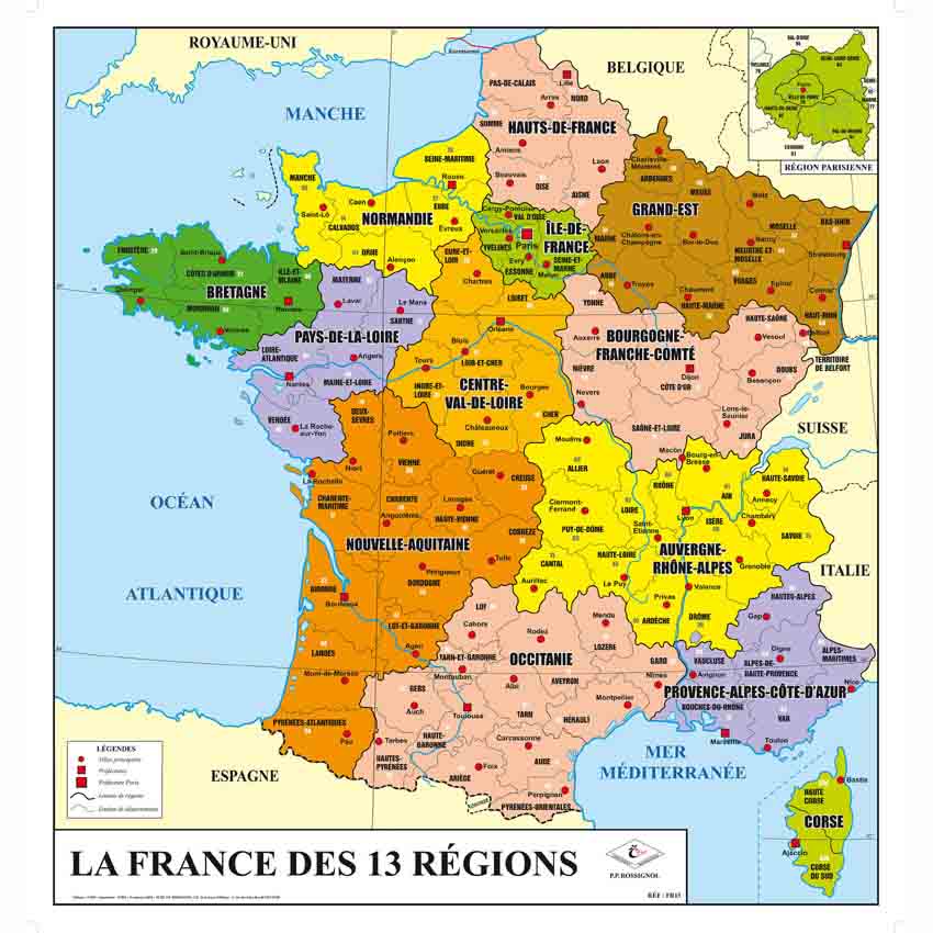 Carte de France géographique - H. 94 X L. 89 cm