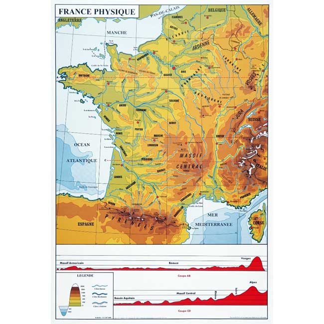 Carte de France pédagogique - H. 102 X L. 70 cm