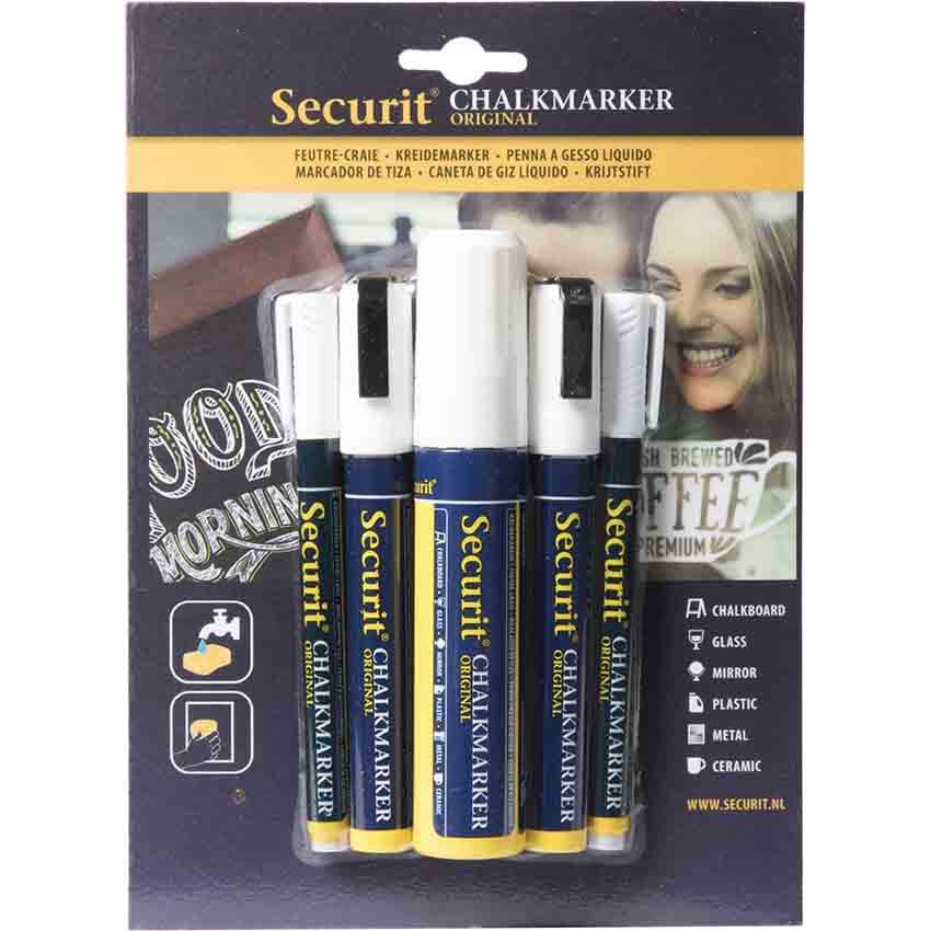 Pochette 5 marqueurs craie liquide - Blanc (1 large / 2 moyens / 2 fins)