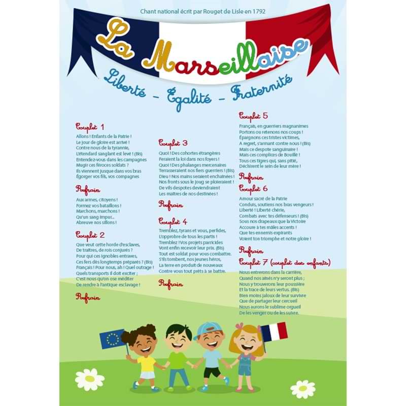 Plaque La Marseillaise PVC - A3 - 297 x 420 mm - Modèle Maternelle