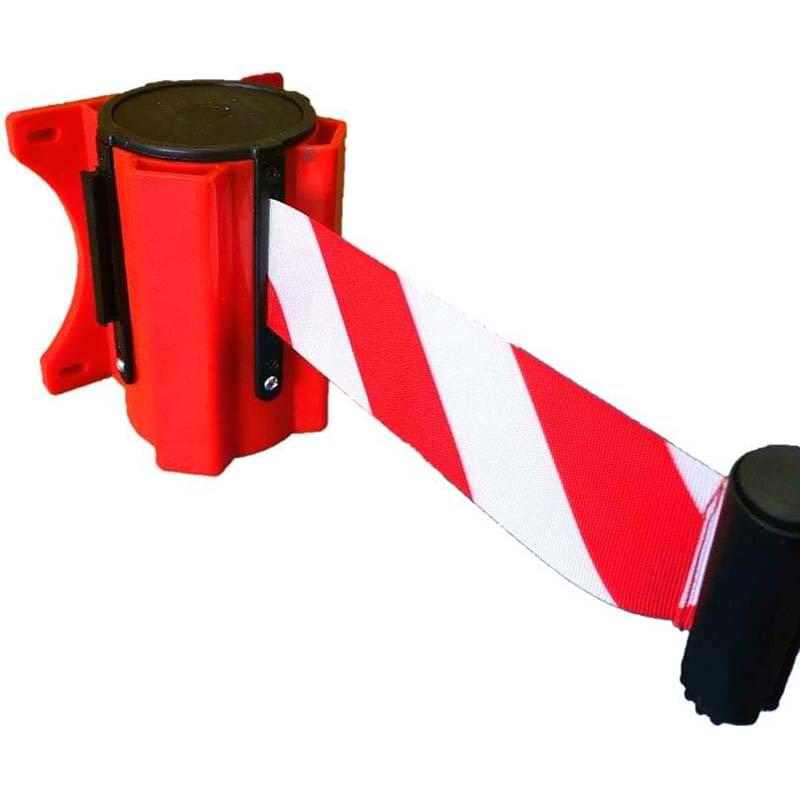 Enrouleur sangle mural 5 m - Corps orange / Sangle rouge et blanc
