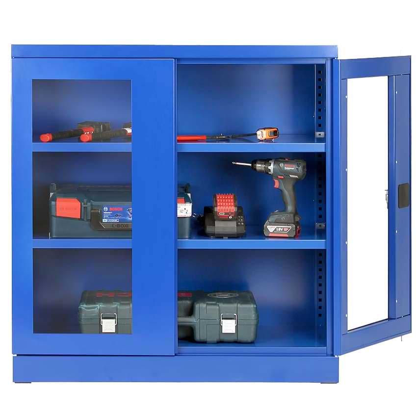 Armoire atelier basse portes vitrées - H. 1040 X L. 1000 X P. 435 mm - Bleu RAL 5010