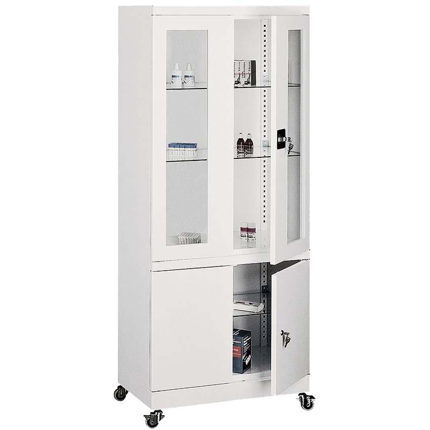 Armoire médicale 2 portes + rangement bas - H. 1885 X L. 800 mm - Sur roulettes