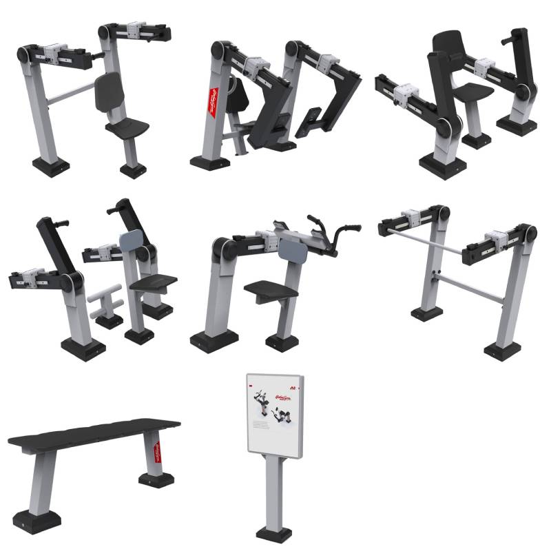 Aire fitness extérieure plus complète (7 appareils + panneau info)