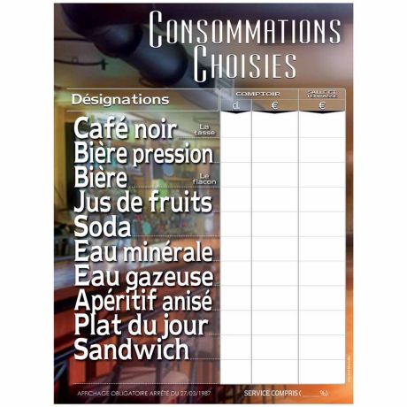 Tableau affichage tarif des consommations 40 X 30 cm