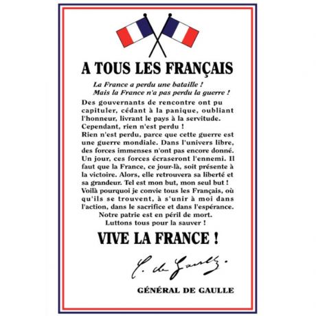 Plaque discours Général De Gaulle "A tous les Français"