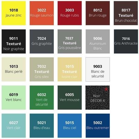 Nuancier coloris RAL disponibles 
(* Noir DECOR sur devis)