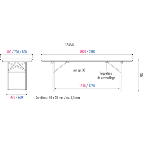 Dimensions (en mm) table pliante Salsa
