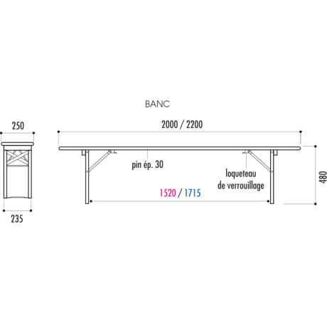 Dimensions (en mm) banc pliant Salsa
