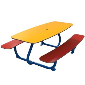 Table pique-nique enfant Zoé 6 places, plateau ovale jaune et bancs rouges en HPL, structure acier bleu
