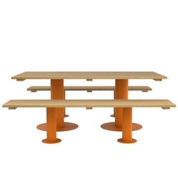 Table pique-nique enfant Lola 6 places, plateau et bancs en bois de robinier, piétement acier jaune melon RAL 1028