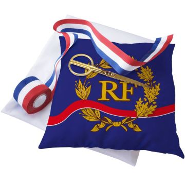 Kit d'inauguration complet avec coussin RF, ruban tricolore et ciseaux dorés