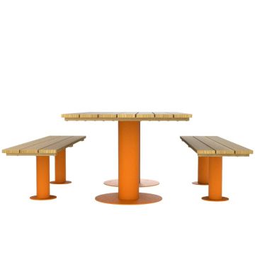 Table pique-nique enfant Lola 6 places, plateau et bancs en bois de robinier, piétement acier jaune melon RAL 1028