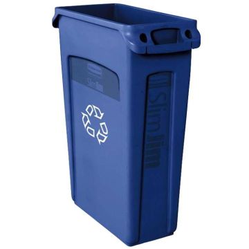 Collecteur Slim Jim Rubbermaid 87L bleu avec symbole recyclage - tri sélectif