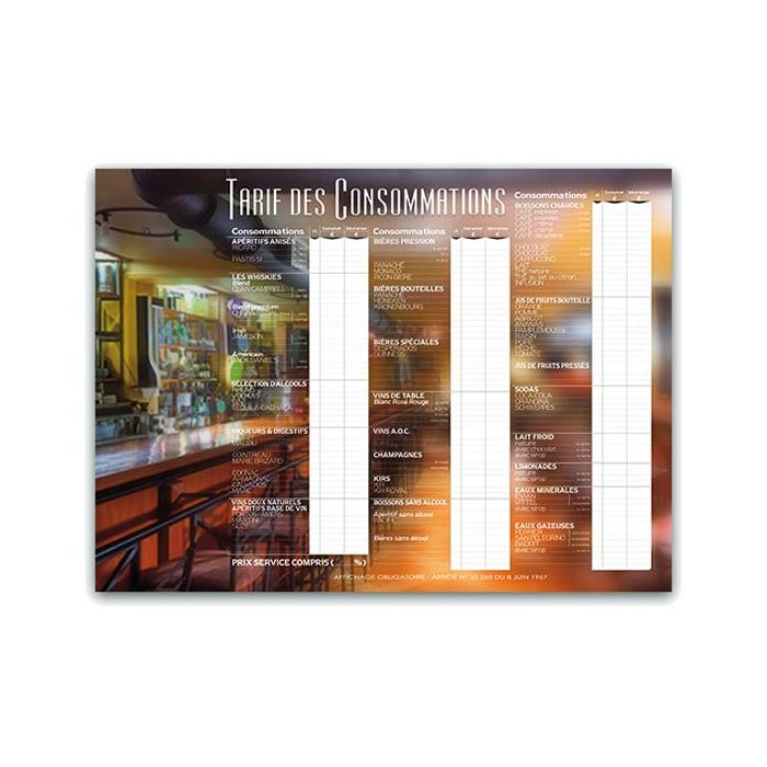 Tableau tarif des consommations