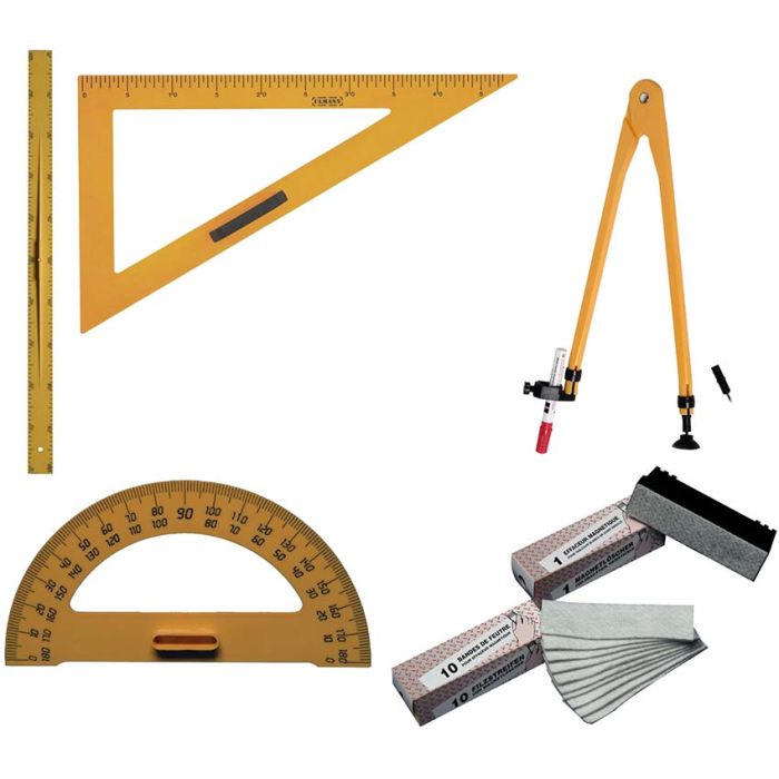Règle, équerre, compas, rapporteur & accessoires pour tableaux d'école