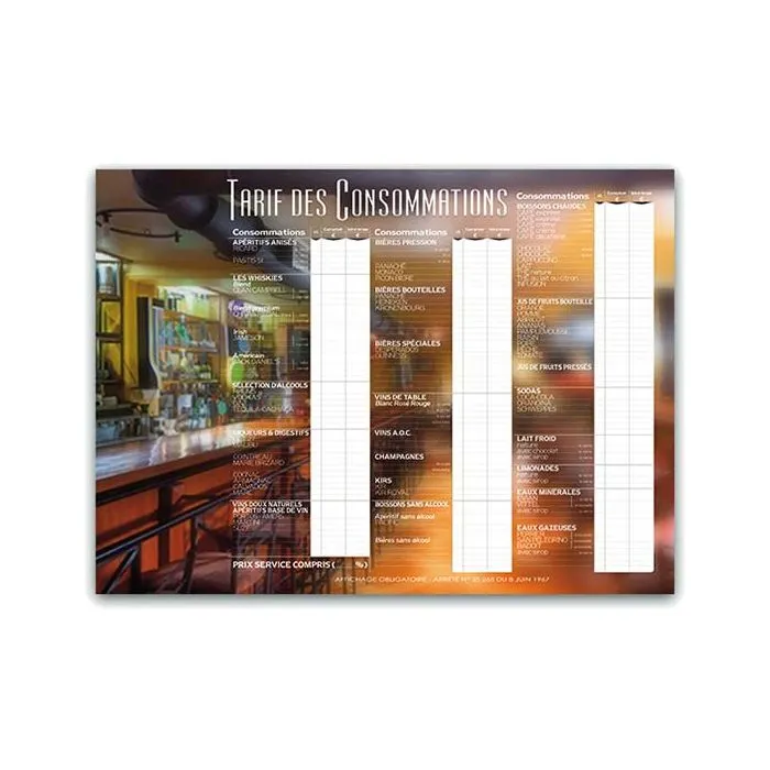 Tableau tarif des consommations